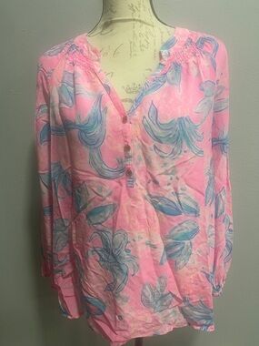 Lilly Pulitzer Pink Floral Watercolor Peasant Blouse